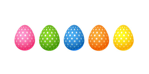 Bright colorful easter eggs Set of pink blue green orange yellow eggs with specks dots pattern Isolated on white background Eggs element design cards for Easter sales Vector Cute spring Easter Eggs