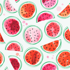 Seamless watermelons pattern with watercolor watermelon