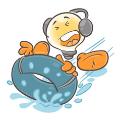 Emotional character cartoon lightbulb.Winter games. Tubing.On white background.