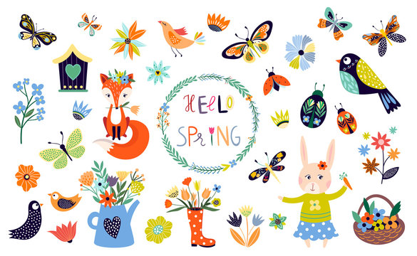 Spring time elements collection with hand drawn  seasonal items