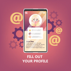 Mobile phone with profile in social network on it.