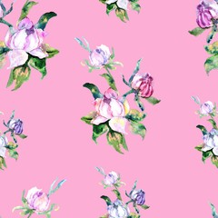 Pale pink roses and peonies with leaves on the pink background. Seamless pattern.