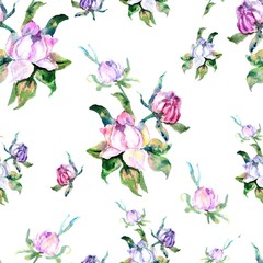 Pale pink roses and peonies with leaves. Seamless pattern