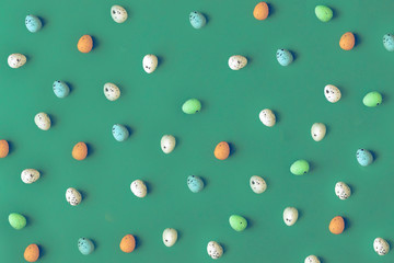 Easter colorful eggs on green background, toning