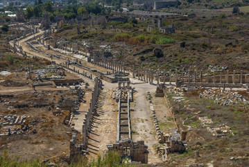Obraz premium Perga, Turkey - displaying a very well preserved Roman amphitheatre, together with wonderful Greek agora, stadium and nymphaeum, Perga is a major tourist attraction in Southern Turkey