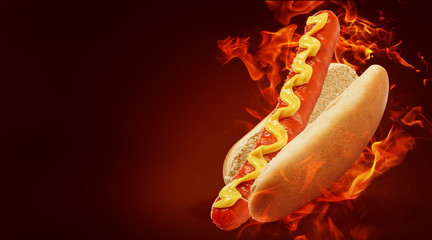 hot dog with big sausage and mustard on fire background