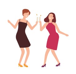 Pair of joyful women celebrating birthday. Happy girls clinking glasses and drinking cocktails at celebratory party. Flat cartoon characters isolated on white background. Colored vector illustration.