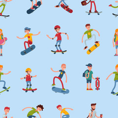 Fototapeta na wymiar Teenage skateboarding seamless pattern happy teens guy wearing helmet capturing moves urban fun lifestyle vector illustration. Skating sport trendy characters background.