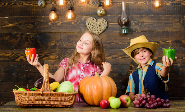 Farming Teaches Kids Where Their Food Comes From. Family Farm. Siblings Having Fun. Children Presenting Farm Harvest Wooden Background. Farm Market. Kids Farmers Girl Boy Vegetables Harvest