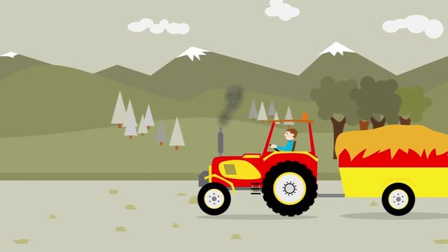 yellow tractor with a hay trailer