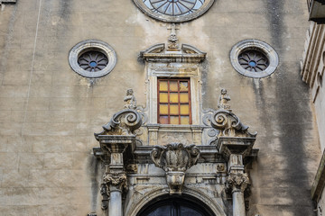 Carved Baroque portal of Santo Stefano Church also known as church of Purgatory (Chiesa del Purgatorio, 1668) at Piazza Giovanni in Cefalu, Sicily, Italy.