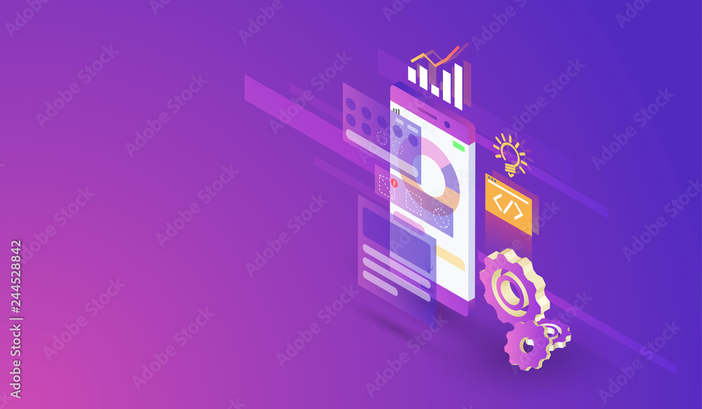 Poster mobile application development process modern isometric design, mobile app and interface build vecto
