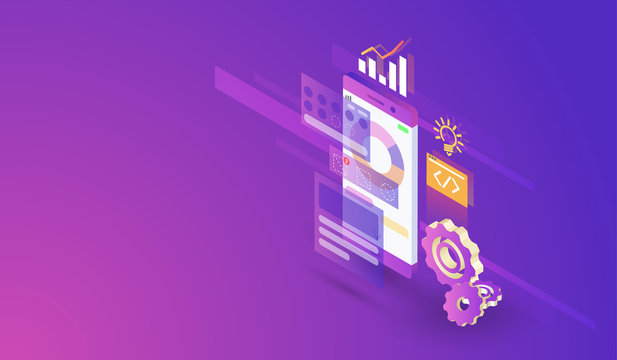Mobile Application Development process modern isometric design, mobile app and interface build vector.