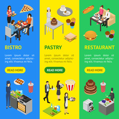 Restaurant Cafe or Bar Personnel People 3d Banner Vecrtical Set Isometric View. Vector