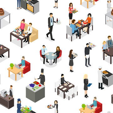 Cafe 3d Seamless Pattern Background Isometric View. Vector