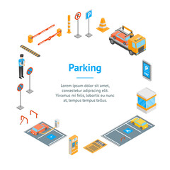 Parking Signs 3d Banner Card Circle Isometric View. Vector