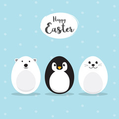 Egg Shaped animals Character Set for Easter day, Easter eggs paint. A Cute Polar Bear, Penguin, Baby Seal Pup character on sky blue background Flat design vector illustration.