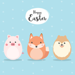 Egg Shaped animals Character Set for Easter day, Easter eggs paint. A Cute Pig, Fox and Dog character on sky blue background Flat design vector illustration.