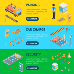 Parking Signs 3d Banner Horizontal Set Isometric View. Vector