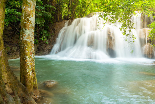 Beautiful green water and wonderful waterfall at the jungle, Erawan's waterfall © peangdao