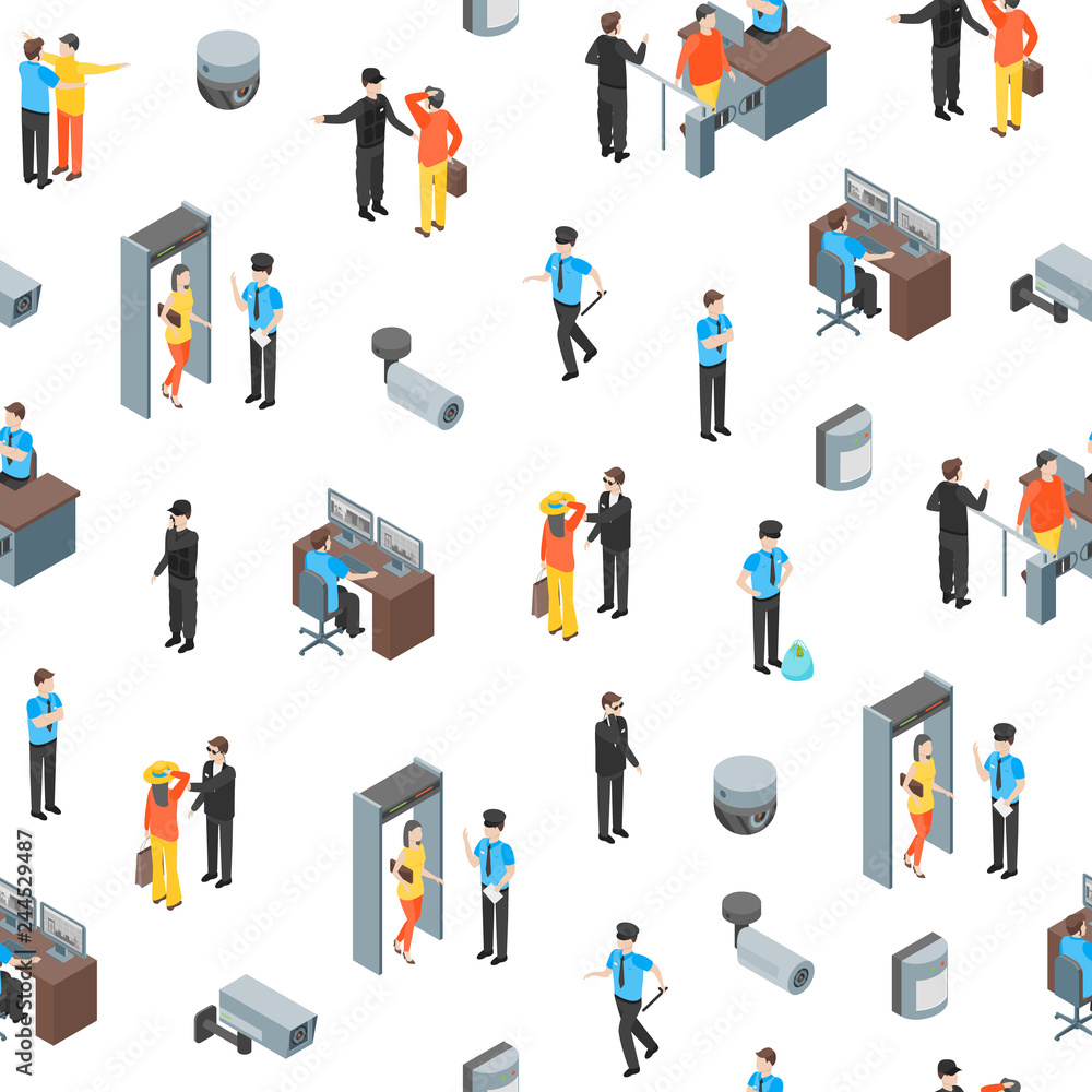 Poster security system people and equipment 3d seamless pattern background isometric view. vector