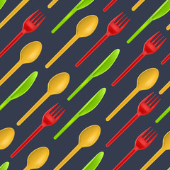 Realistic Detailed 3d Plastic Cutlery Seamless Pattern Background. Vector