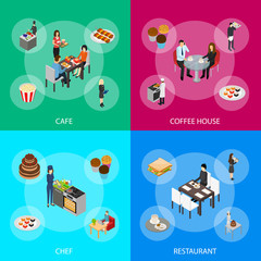 Restaurant Cafe or Bar and People 3d Banner Set Isometric View. Vector
