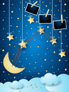 Surreal night with hanging stars, ladders and photo frames