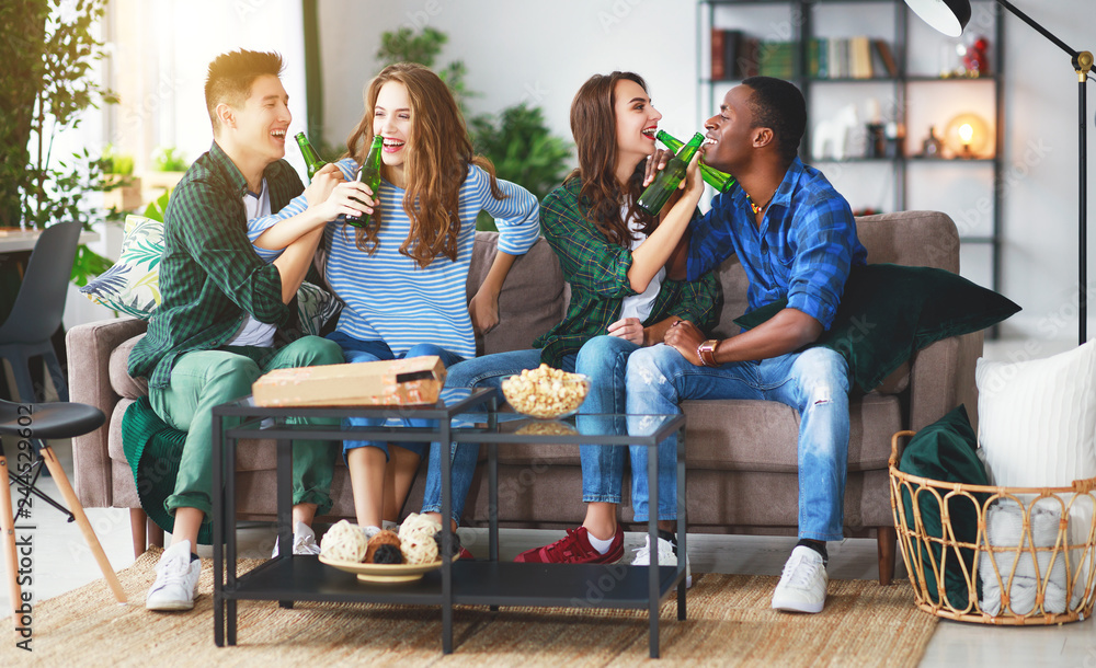 Sticker group of happy friends with beer and pizza at home