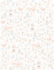 Cute Easter Theme Vector Pattern. Lovely Hand Drawn Rabbits and Hens on a White Background. Simple Infantile Design. Nusery Art Vector Layout. Pink Bunnies and Yellow Hens in an Abstract Garden.