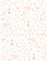 Obraz premium Cute Easter Theme Vector Pattern. Lovely Hand Drawn Rabbits and Hens on a White Background. Simple Infantile Design. Nusery Art Vector Layout. Pink Bunnies and Yellow Hens in an Abstract Garden.