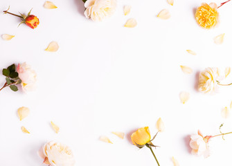 Festive flower composition on the white wooden background. Overhead view