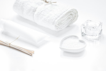 white cosmetic set on desk background