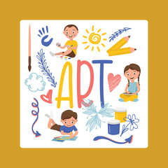 Drawing kids vector boy girl character painting in childish art-school with artist tools paint brushes palette for color paints children artwork backdrop illustration childly sketch background