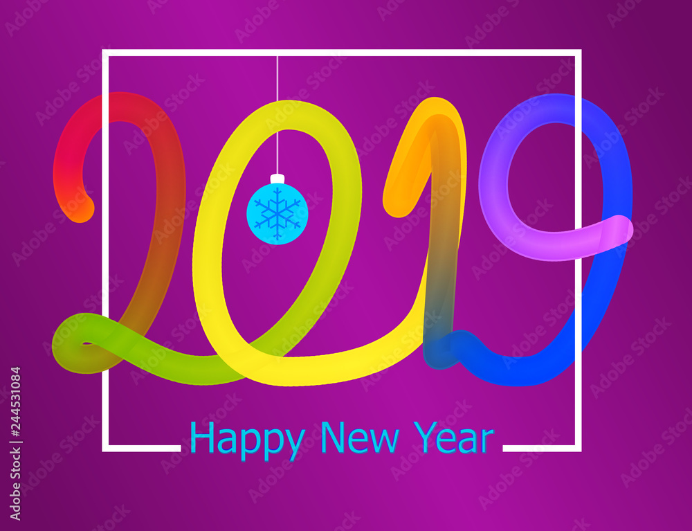 Aufkleber 2019 happy new year greeting card or web banner. hand drawing letters. purple background with colorf