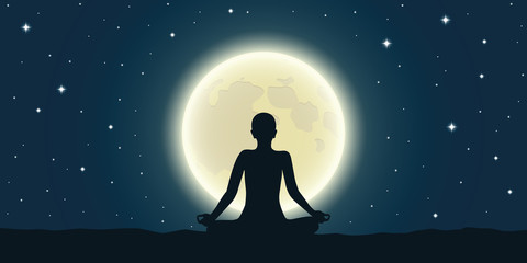 peaceful meditation at full moon and starry sky vector illustration EPS10
