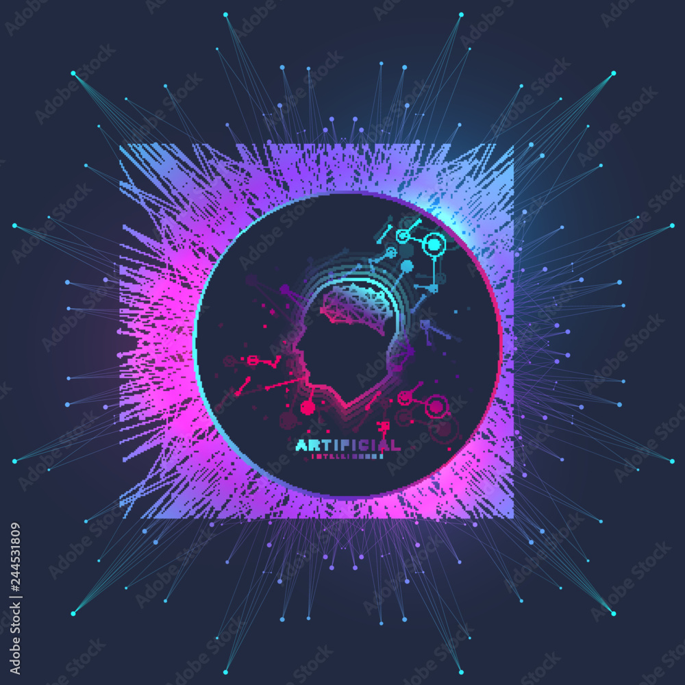Poster Futuristic Artificial Intelligence and Machine Learning Concept. Human Big Data Visualization. Wave Flow Communication, Scientific vector illustration.