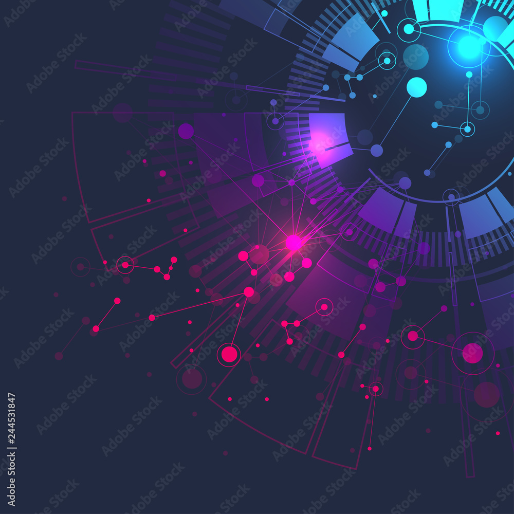 Poster Big data visualization. Graphic abstract background Artificial Intelligence. Social network connection concept. Perspective backdrop of depth. Virtual minimal array with compound. Vector illustration.