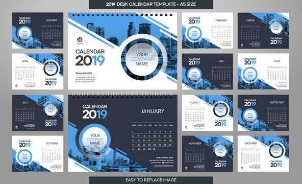 Desk Calendar 2019 template - 12 months included - A5 Size