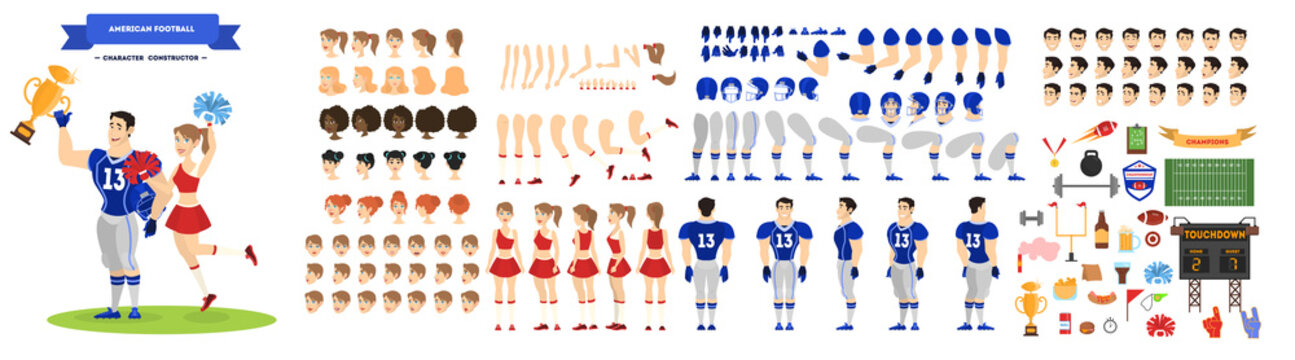 American football player and cheerleader character set