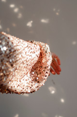 portrait of a girl with a strong character dressed in a beautiful vintage shining dress and posing for a photo