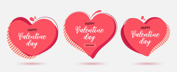 Set of modern abstract vector banners for Valentine day holiday. Flat geometric shapes from paper in memphis design style. Vector illustration