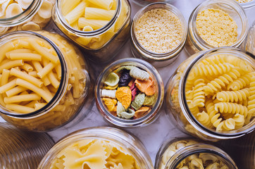 Variety of types and shapes of Italian pasta