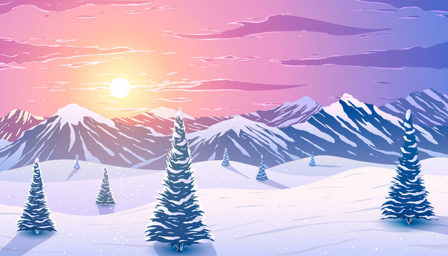 Winter landscape. Pine trees in snow on background of snowy mountains at sunset.