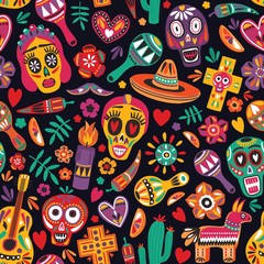 Motley seamless pattern with traditional Mexican Dia de los Muertos decorations on black background. Holiday backdrop. Festive flat cartoon vector illustration for wrapping paper, fabric print.