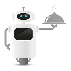 cute working service robot in restaurant holding a tablet vector illustration EPS10