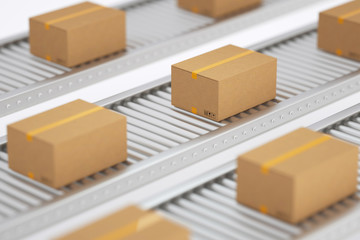 Conveyor with many cardboard boxes. Package delivery concept. 3D rendered illustration