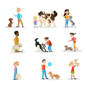 Children play with their dogs set. Collection of happy kid