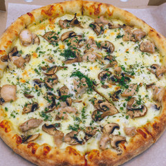 Pizza in a cardboard box on a light background. Top view. Pizza delivery. Pizza menu. Pizza on the kitchen table.