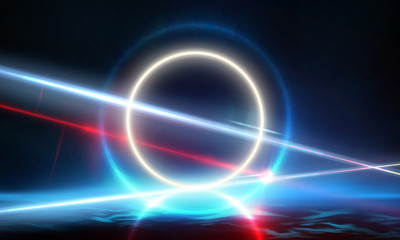 Empty Dark Futuristic Sci Fi Big Hall Room With Lights And Circle Shaped Neon Light. Dark neon background, empty stage, abstract dark background. Neon circle, reflection